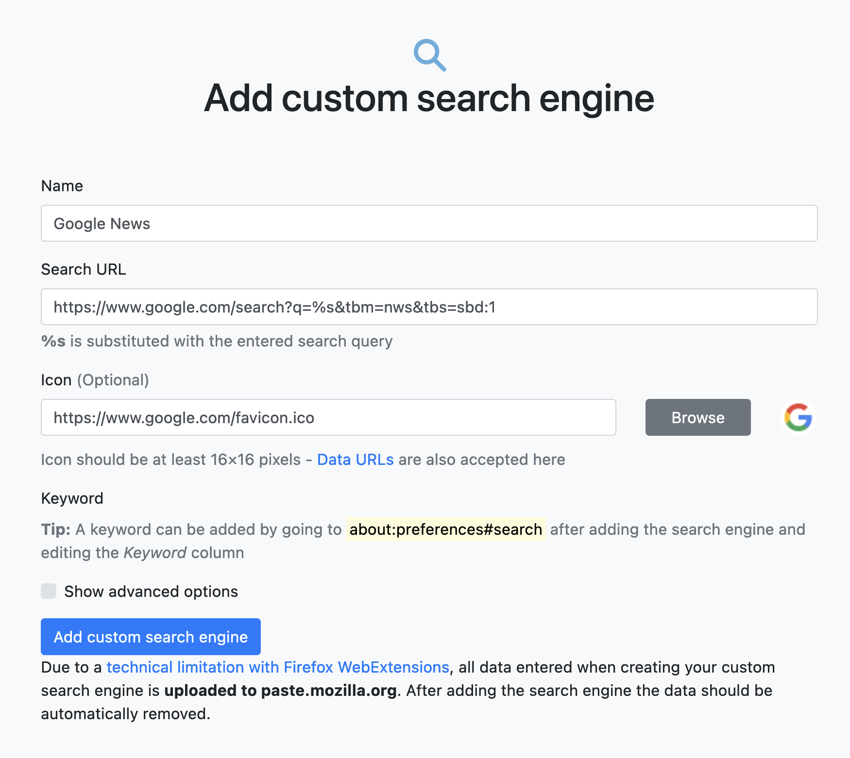 Firefox-Erweiterung “Add custom search engine” konfigurieren
